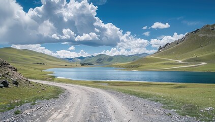 Serene mountain lake scene with a dirt road curving towards it, under a partly cloudy blue sky.  Rolling green hills and mountains form a picturesque backdrop