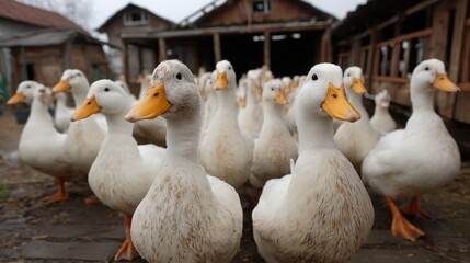Obraz premium A flock of domestic white ducks with yellow beaks congregates in a rural farmyard near a weathered wooden barn on an overcast day, creating a charming scene.