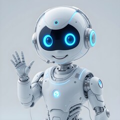 Cute Futuristic Humanoid Robot with Glowing Blue Eyes and Headset Waving Hand in Friendly Artificial Intelligence Technology Concept on Light Background