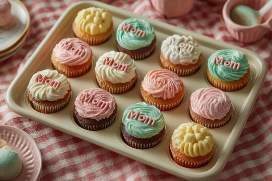 Mother's Day cupcakes with 'Mom' frosting in a baking tray on a checkered tablecloth
