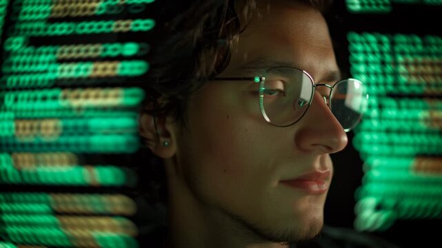 A young hacker in thin-framed glasses sitting in front of multiple computer screens. 