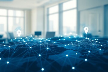 Abstract network visualization with location pins in a modern office setting, depicting global connectivity and technological advancement in a bright and contemporary workspace