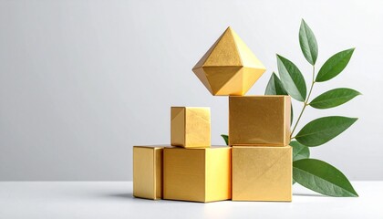Stacked golden geometric shapes—five cubes and one octahedron—balanced beside green leafy branch on light gray background
