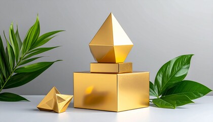 Stacked golden geometric shapes—five cubes and one octahedron—balanced beside green leafy branch on light gray background