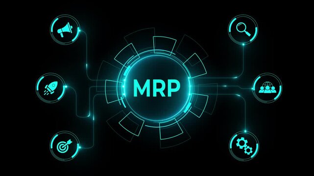 MRP Material Requirement planning Manufacturing Industry Business Process automation. Glowing neon background, Motion graphics of "MRP" concept. 4k