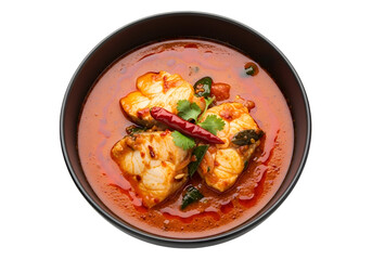 A dark bowl of vibrant red curry features succulent fish pieces, garnished with fresh herbs and red chilies.