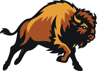 Bold bison charge, brown tones, strong graphic emblem
