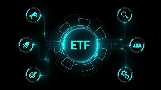 Exchange traded fund stock market trading investment financial ETF concept. a futuristic holographic advanced HUD circle platform Business, Technology network background concept. on a black background