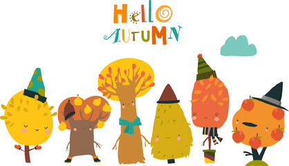Cartoon Colorful Autumn Trees. Happy Season. Vector Illustration