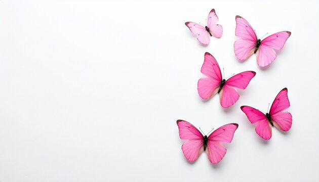 Diagonal cluster of pink butterflies on white background, evoking grace and transformation.