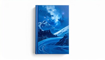 Book cover illustration of snowy mountains under starry night sky with winding path