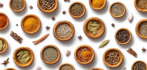 Overhead view of various spices and herbs in wooden bowls on a white surface creating a pattern
