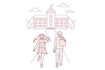 Back to school and education concept. Small boy and girl running backwards to school feeling positive and happy vector illustration