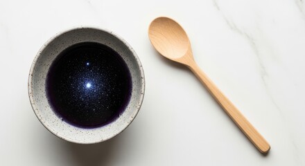 Preparing a Cosmic Swirl Drink with a Wooden Spoon
