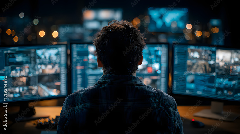 Poster cybersecurity expert in dark room with multiple screens, network monitoring