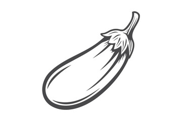Isolated Eggplant Vegetable, Outline Drawing, Detailed Leaves on White Background