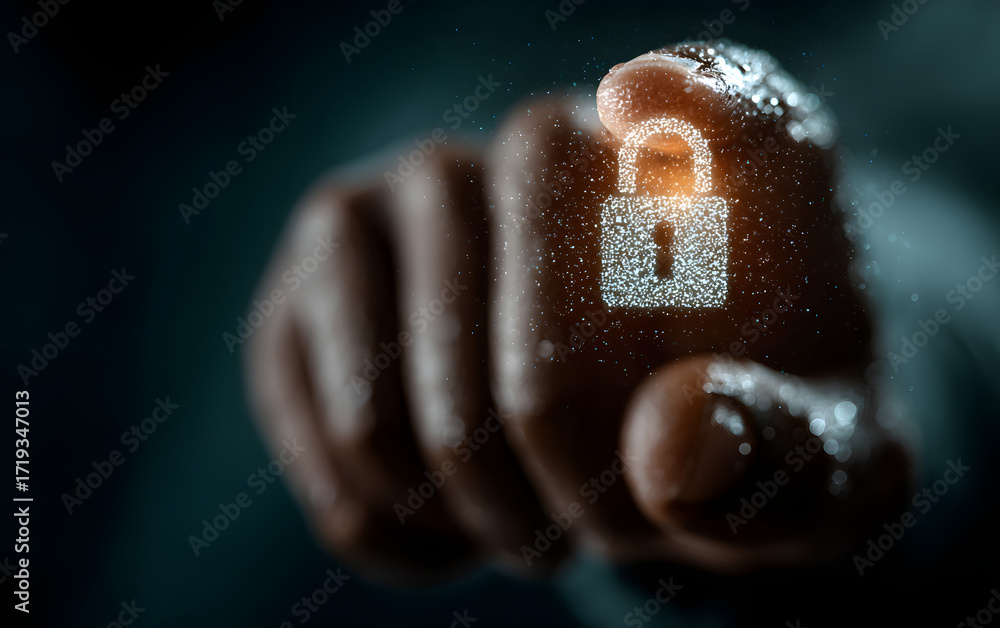Aufkleber hand touching a digital padlock icon on a virtual screen a cyber security and data protection concep