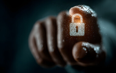Hand touching a digital padlock icon on a virtual screen a cyber security and data protection concept with a dark