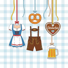 Illustration of Oktoberfest celebration items hanging from ribbons against a blue and white checkered background.