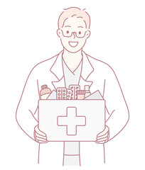A cheerful pharmacy professional happily carrying a box filled with various important medical supplies