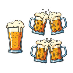 Colorful illustration of beer glasses clinking and foamy mugs for Oktoberfest Celebration with a festive mood against a clean white background.