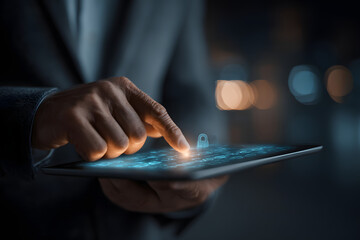 Security professional managing cybersecurity on a tablet, emphasizing digital data protection.