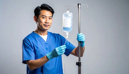 Healthcare professional in blue scrubs and gloves adjusting IV drip—