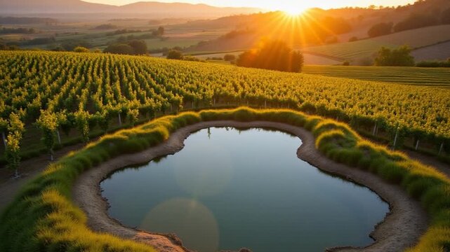 Little artificial pond in the vineyard fields of Napa, California, USA. Beautiful rural scenery of nature at backdrop of setting sun. Top view. Vertical