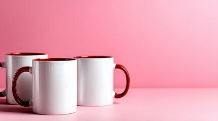 A trio of white mugs featuring red handles is neatly arranged on a pink surface, evoking feelings of warmth and tranquility, perfect for coffee or tea lovers' product showcases.