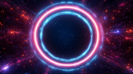 Symmetrical perspective of circular portal rimmed with pulsating neon rings, deep cosmic void beyond speckled with tiny star particles