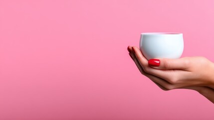 A beautifully manicured hand gracefully holds a white cup against a vibrant pink background, capturing a moment of calmness and sophistication in a minimalistic aesthetic.