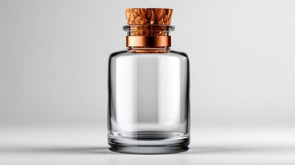 This stunning image features a clear glass bottle with a natural cork stopper and copper ring, showcasing a blend of modern elegance and simplicity in design.