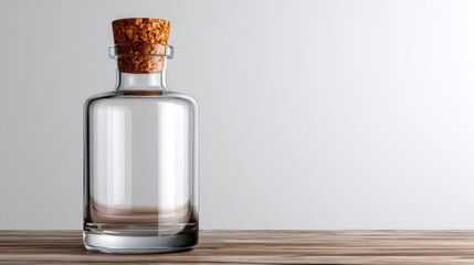 An elegant glass bottle with a cork sits on a rustic wooden surface, symbolizing purity, simplicity, and timeless design in an artistic and minimalistic style.