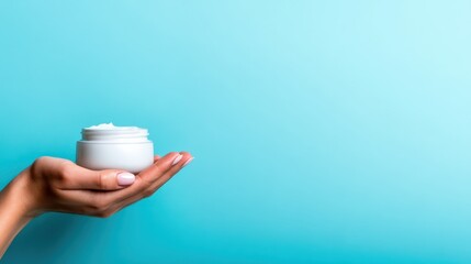 A hand elegantly holds a jar of luxurious cream against a calming blue background, highlighting skincare and beauty, evoking feelings of relaxation and indulgence.