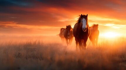 A stunning sight of majestic horses galloping across an open field at sunset, capturing the beauty of nature and the power of freedom in motion.