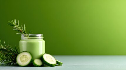 A refreshing green smoothie jar surrounded by cucumber slices and rosemary accents against a vibrant green background, emphasizing health and natural ingredients.