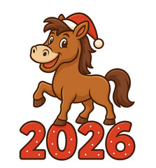 Cartoon Horse with 2026 Text &ndash; Christmas and New Year Illustration on Transparent Background