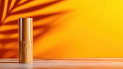 This image showcases a sleek wooden container against a bright orange backdrop, complemented by a striking palm leaf shadow, enhancing its aesthetic appeal and tranquility.