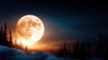 The image captures a stunning full moon rising over a tranquil winter landscape, surrounded by dark silhouetted trees against a twilight sky in captivating colors.