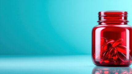 A glass jar filled with bright red capsules, set against a smooth blue backdrop, highlighting the contrast between the colors and the shape of the capsules within.