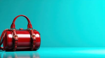 A chic red handbag elegantly placed on a bright aquamarine background, symbolizing fashion and modern style in a minimalist composition.