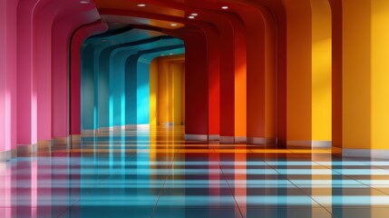 A vibrant, abstract corridor filled with colorful walls and light, presenting an artistic play on shapes and shadows that sparks creativity and energizes the viewer's imagination.