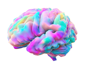 Abstract colorful brain with iridescent swirling colors on black mind thought isolated on a transparent background