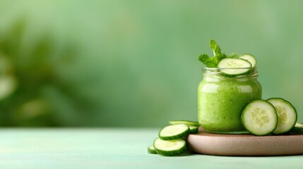 A delicious green smoothie garnished with cucumber slices and mint leaves in a cozy setting, symbolizing wholesome nutrition and wellness in an attractive, inviting composition.