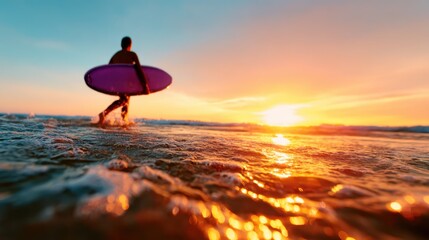 A lone surfer walks along the shore as the sun sets, casting beautiful reflections on the water, capturing the spirit of adventure and tranquility at the beach.