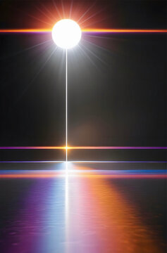 A minimalistic abstract design featuring a bright, white circle resembling a sun at the center. Horizontal neon lines in pink, orange, and blue intersect beneath it, creating a reflective effect 