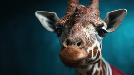 Fototapeta premium A close-up portrait of a giraffe wearing a stylish outfit, capturing its unique expression and the charm of wildlife photography in a captivating, artistic way.