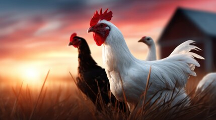 A captivating image of chickens roaming freely across a scenic farm, embodying the essence of rural life and the connection between nature and domesticated animals.