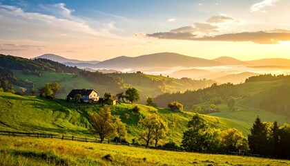 Obraz premium A picturesque rural landscape with a house nestled on a green hillside, bathed in warm sunlight, and backed by distant mountains