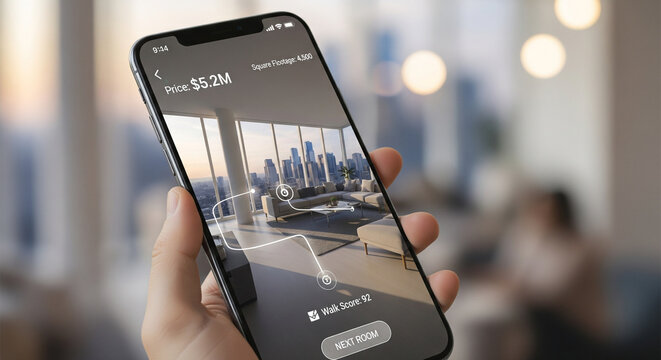Explore luxury apartments virtually with intuitive AR real estate app showcasing stunning city views. - Powered by Adobe